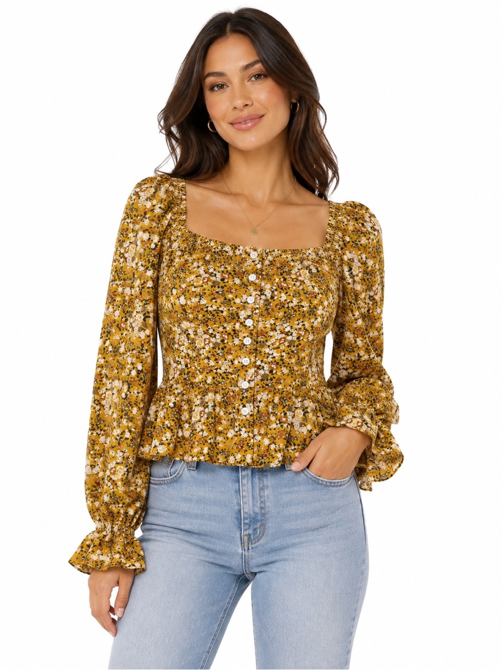 Mustard Floral Smocked Square Neck Peplum Blouse Size L